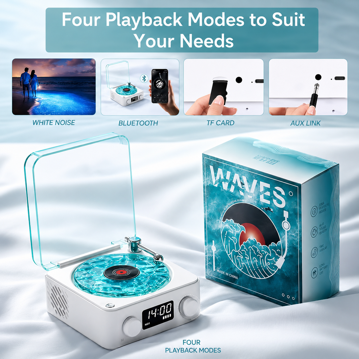 LUMITOP™ Wave Vinyl Player - Retro-Style Waves Wireless Vinyl Bluetooth Speaker with Ambience Light