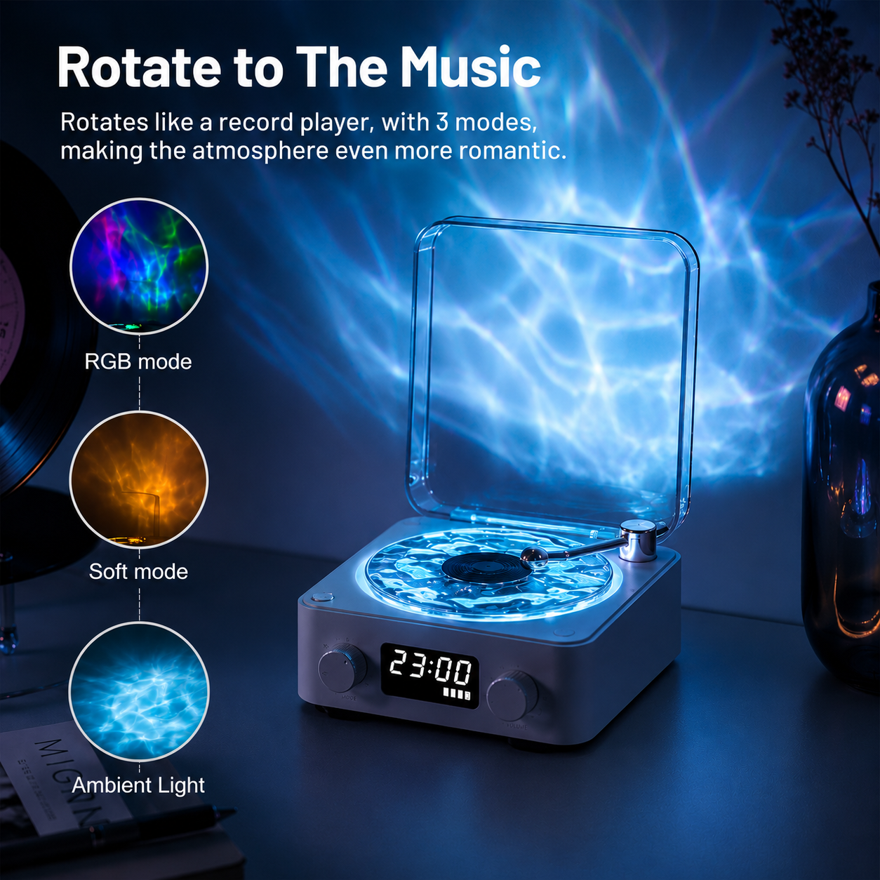 LUMITOP™ Wave Vinyl Player - Retro-Style Waves Wireless Vinyl Bluetooth Speaker with Ambience Light