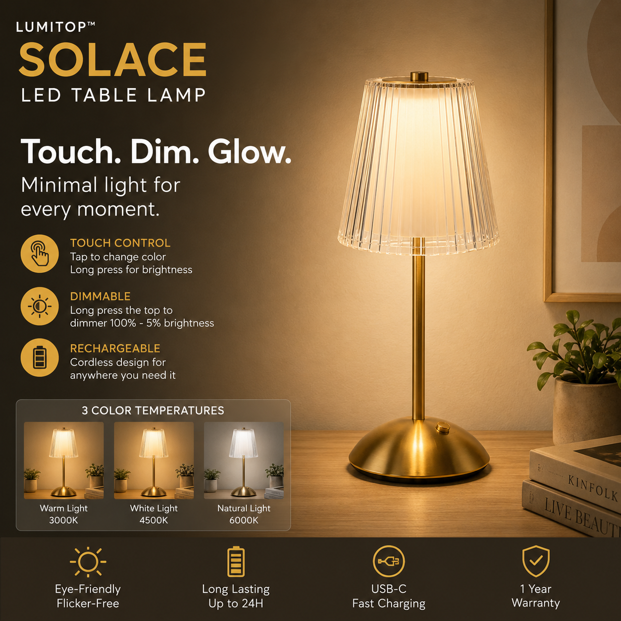 LUMITOP™ Solace Classic Touch LED Table Lamp – Rechargeable, Dimmable & Cordless LED Light